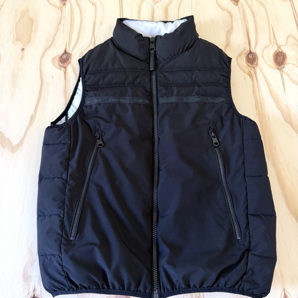 Calvin Klein Mens Black Puffer Vest Logo Tape Full Zip Quilted Gilet Medium
